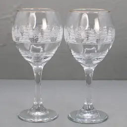 Libbey Arby's Frosted Pine/Christmas Tree Wine Glasses W/Gold Rim