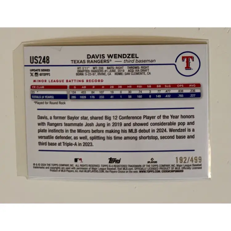 Davis Wendzel RC Green Foil /499 Texas Rangers