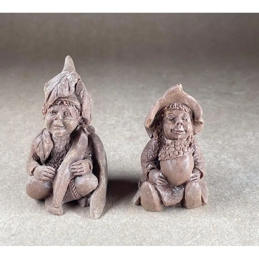 1989 Handcrafted Signed JP Miniature Brown Fairy-like Garden Gnome Figurines Trinket Shelf Miniature Decor