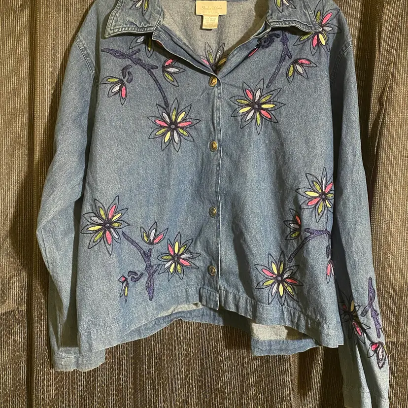 Studio Works Women's Size XL Floral Embroidered Blue Denim Gardening Jacket