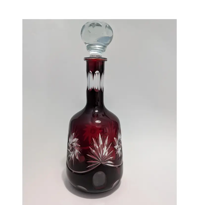 Czech Bohemian Red Ruby Cut To Clear Decanter With Clear Faceted Stopper