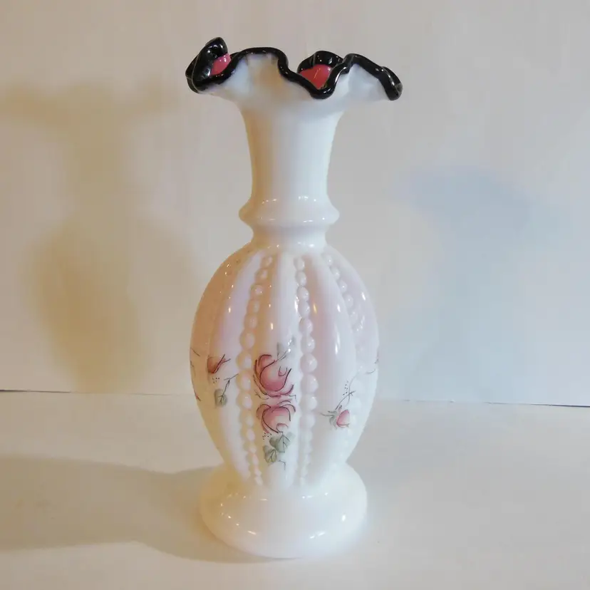 Vintage GORGEOUS Fenton 1993 QVC Exclusive, Black Rose Beaded Melon Vase, Hand-Painted & Signed By D. Robinson & Signed By 4 Fenton Family Members!