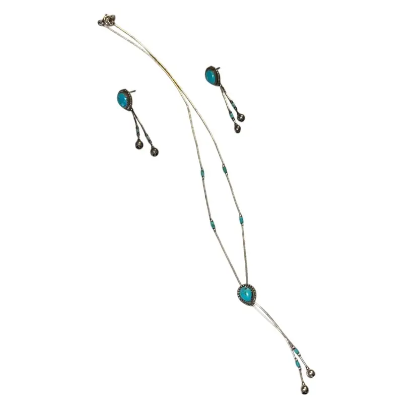Quoc Turquoise Southwestern Style Lariat Necklace W/ Matching Earrings Set