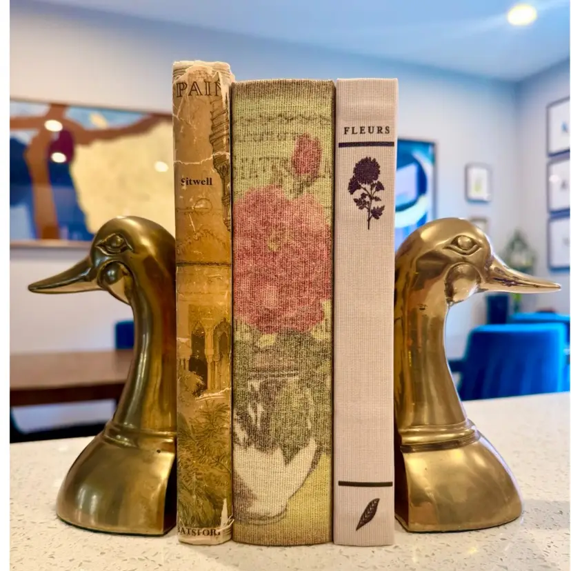 6” tall set of vintage Mid-Century Modern brass duck bookends, Andrea by Sadek made in Korea.