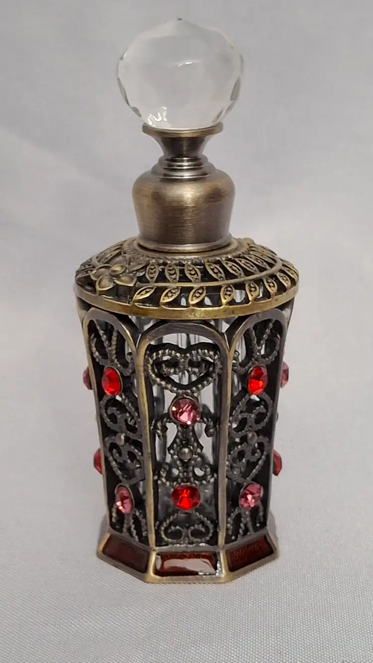 Vintage Glass & Brass Perfume Bottle with Rhinestones