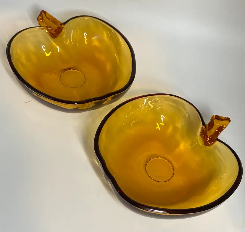 2 Vintage Hazel Atlas Orchard Amber Glass Apple Dishes, 5"