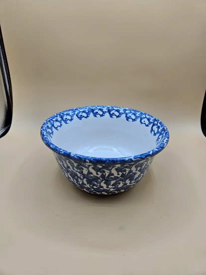 1994 Conner Prairie Blue Spongeware 7.5"x 4" Pottery Serving Bowl, Signed D.M.