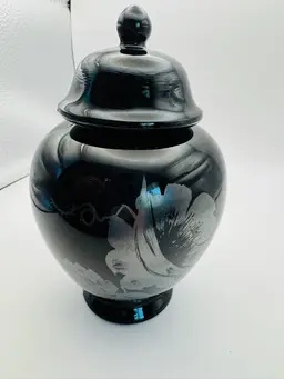 Fenton Hand Painted Silver Floral Over Black Ginger Jar Signed D Gessel
