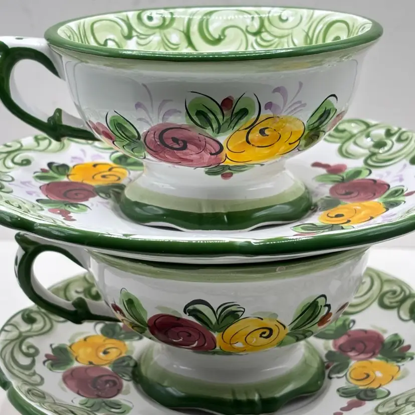 Pair Of Vestal Alcobaca Hand Painted Coffee Tea Cups With Saucers