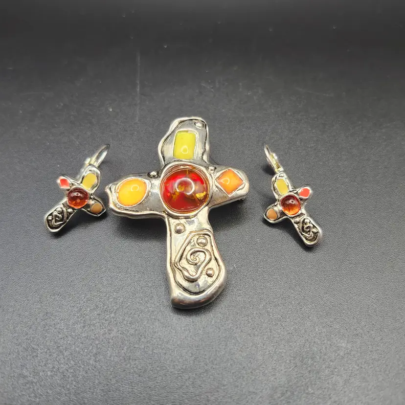 Vintage Cross Pendant/ Brooch  Earring  Set