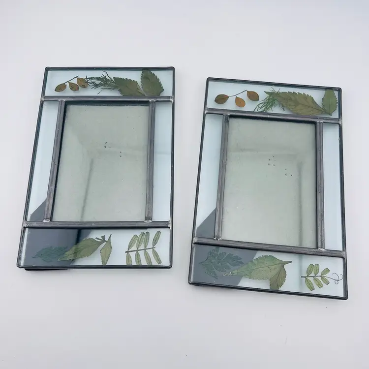Vintage Leaded Glass Pressed Leaves Photo Frames Set Of 2 - For 3.5”x 5” Photos
