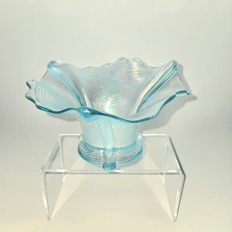 Northwood Carnival Glass Candy Dish Antique Drapery Pattern RARE ICE BLUE GLOWS