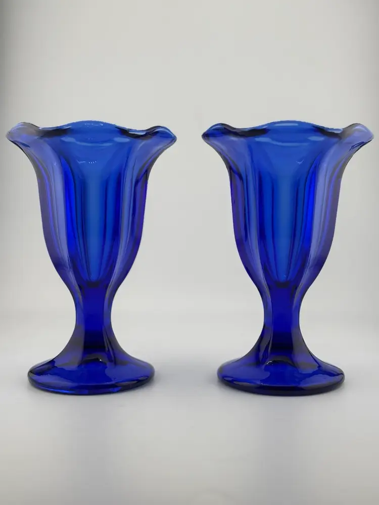 Pair of Vintage Cobalt Blue Ice Cream Sundae Glasses