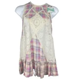 Umgee Lace Mini Dress Womens Size Medium Plaid Floral Swing Cottagecore Prairie