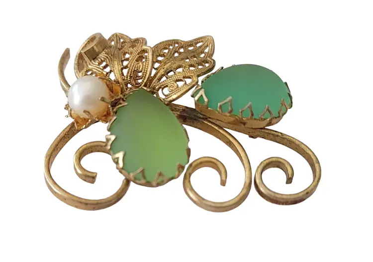 W Germany Green Frosted Glass Pear Rhinestone Filigree Genuine Pearl Leaf Scroll Brooch Pin, Signed E633