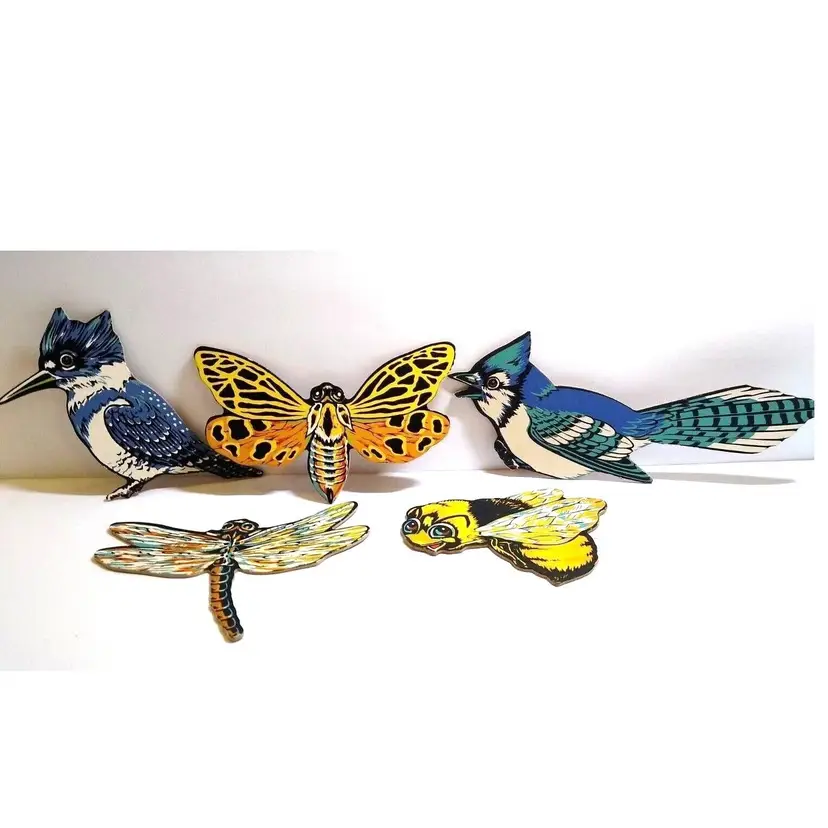 5 Diecuts Insects Bumble Bee Dragonfly Kingfishers Blue Jay Birds Moth 1940's