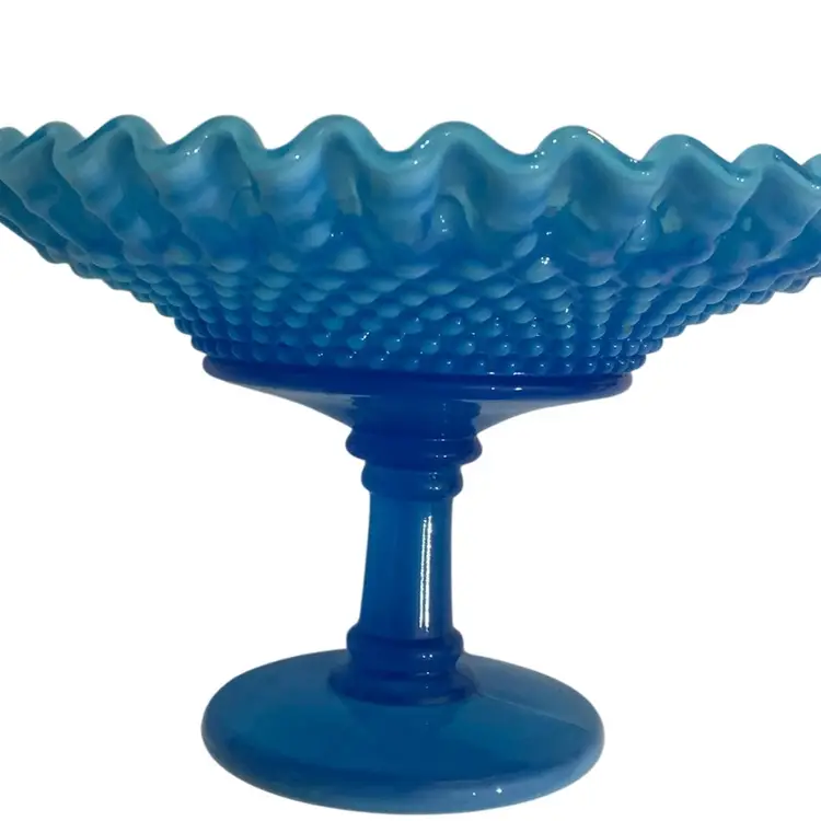 #23 Vintage Fenton Blue Ruffled Edge Opalescent Hobnail Compote or Candy Dish 7.5” Diameter And 5” Tall