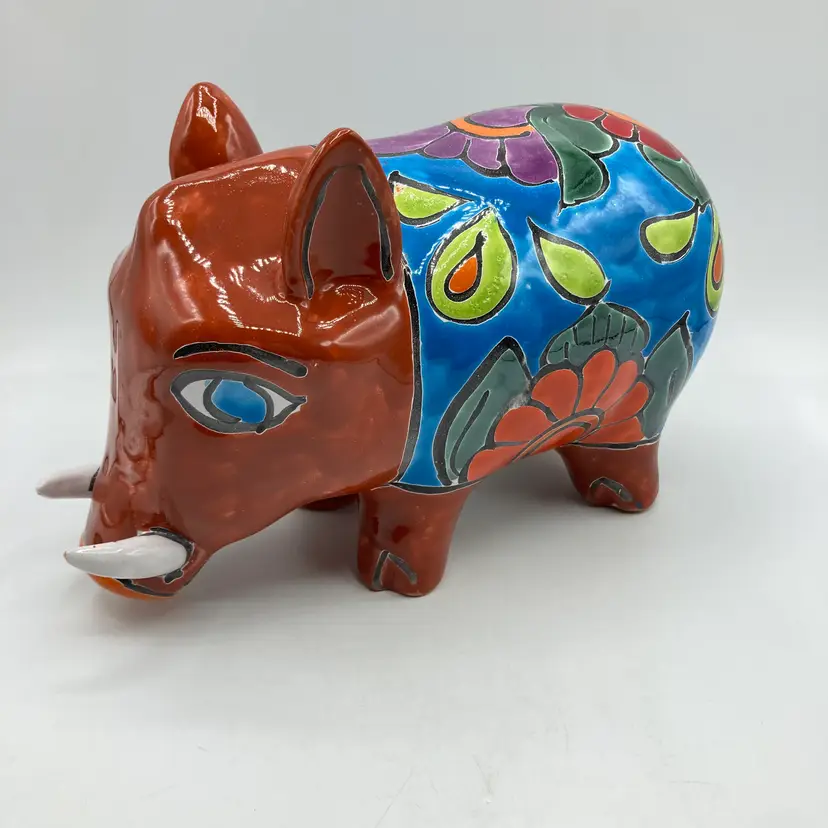 Talavera Mexico Folk Art Pottery Pig Tusks Boar Javelina Figure Statue 10"x6.25"