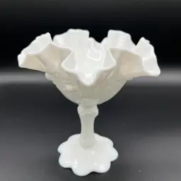Vintage Fenton Rose Milk White Glass Ruffled Compote 6 1/2” Candy Dish