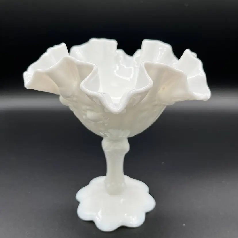 Vintage Fenton Rose Milk White Glass Ruffled Compote 6 1/2” Candy Dish