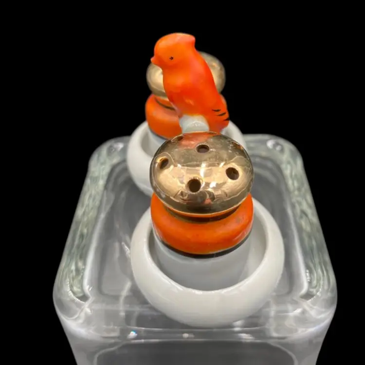 Vintage Japan Lusterware Salt & Pepper Shakers w/Tray, Parrot Perched on Top