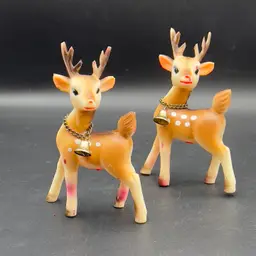 50s Plastic Reindeer with Bell Swivel Head Set Of 2 JAPAN 5" tall