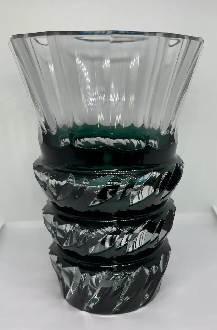Signed Val St. Lambert Green Cut To Clear Crystal Vase
