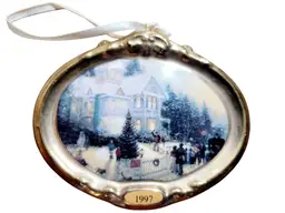 Vintage Hallmark Ceramic Christmas Ornament 1997 Thomas Kinkade Gold Tone Frame