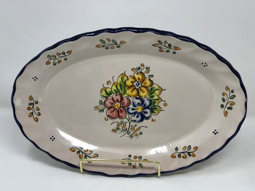 Talavera Oval Plate with Floral Design and Blue Border