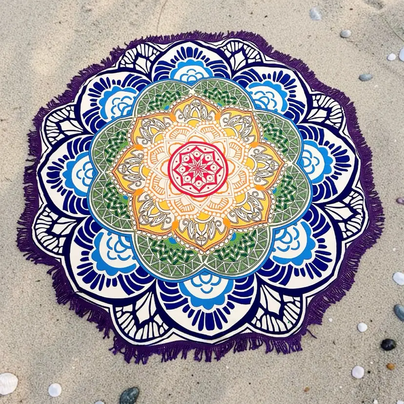 Colorful bohemian Lotus Flower Beach Throw Yoga Mat Towel with Purple Fringe
