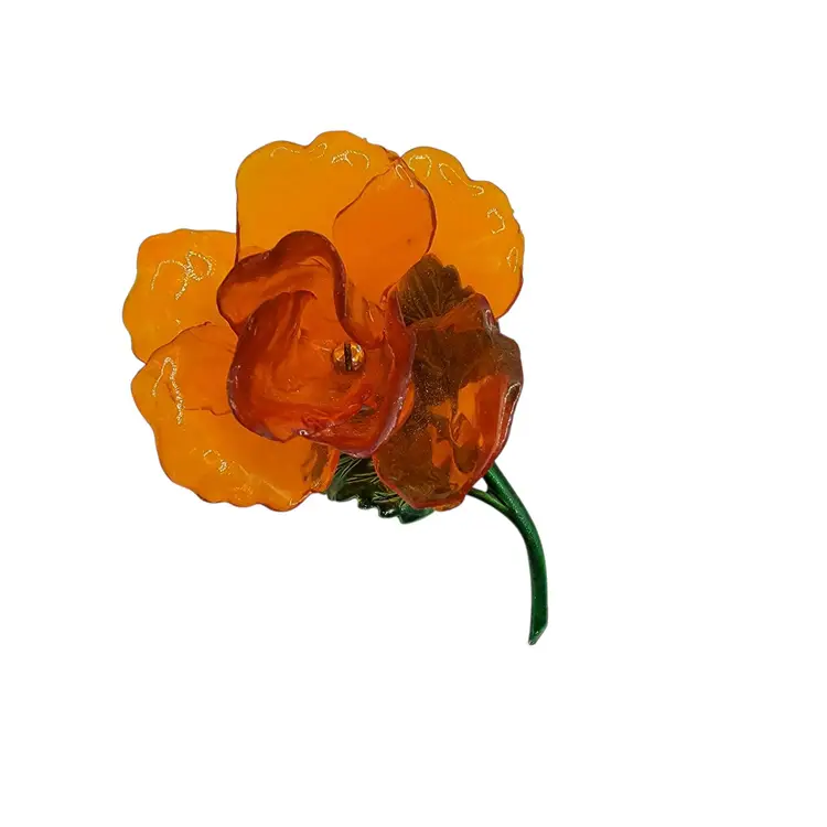 Vintage 1960s Orange Cellulose Acetate Flower Brooch With Green Enamel Stem