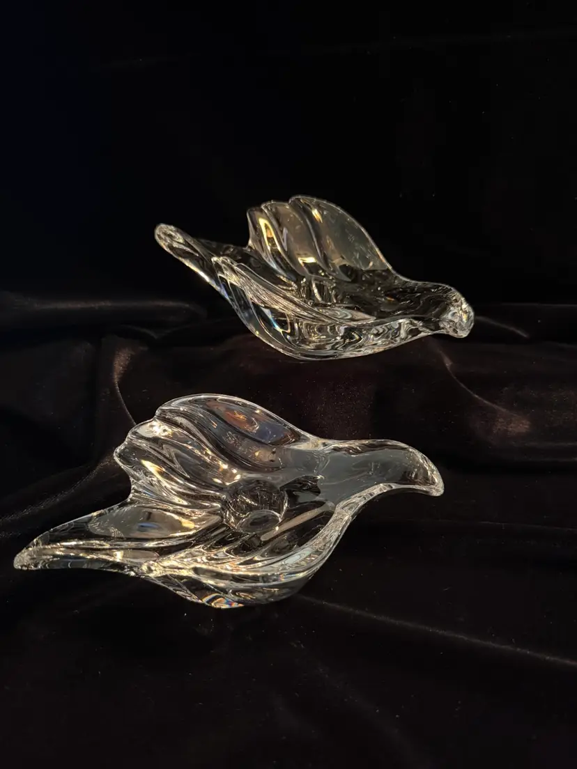 Gorgeous pair of clear crystal glass bird-shaped candle holders (possibly by Gorham)