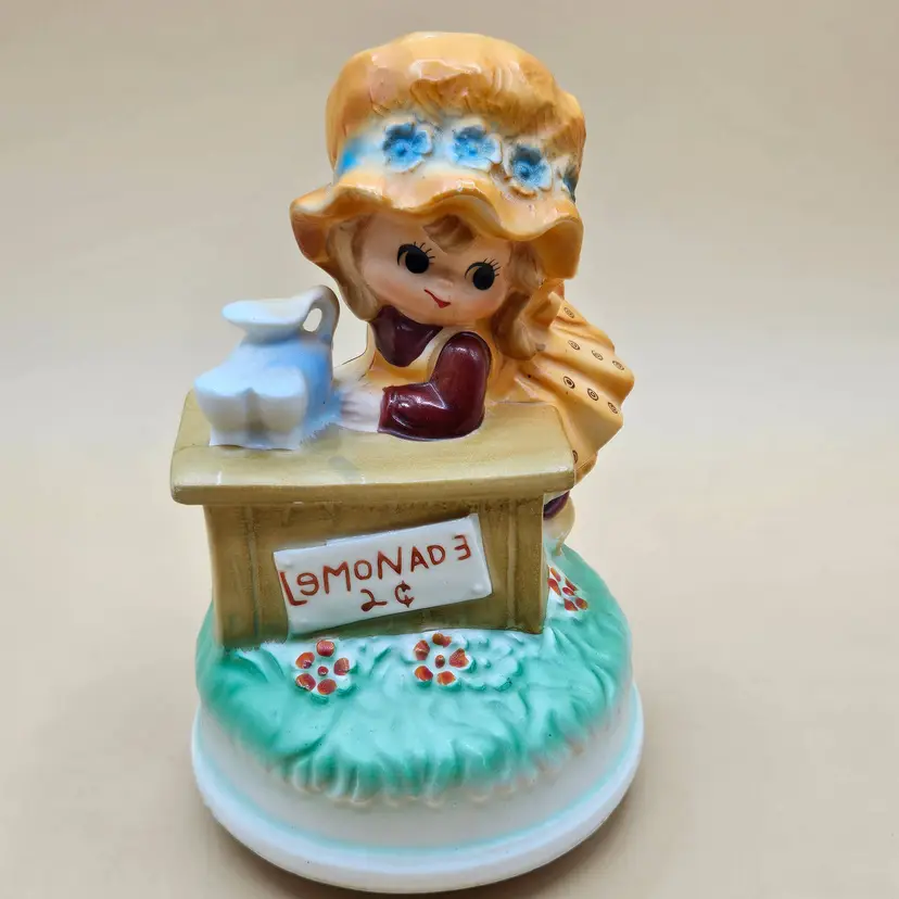 Fred Roberts Girl with Yellow Bonnet Lemonade Stand Music Box, Japan, Some Paint Loss