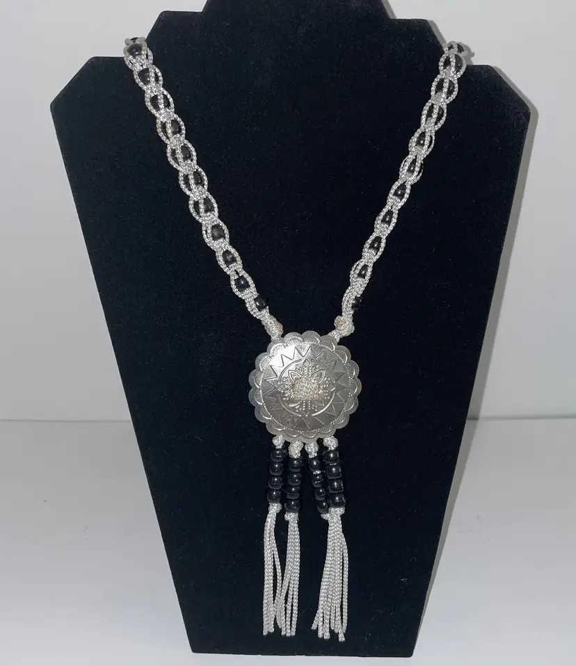 Southwest Beaded Silver Necklace Bolo Medallion Long Silver Cord Aluminum