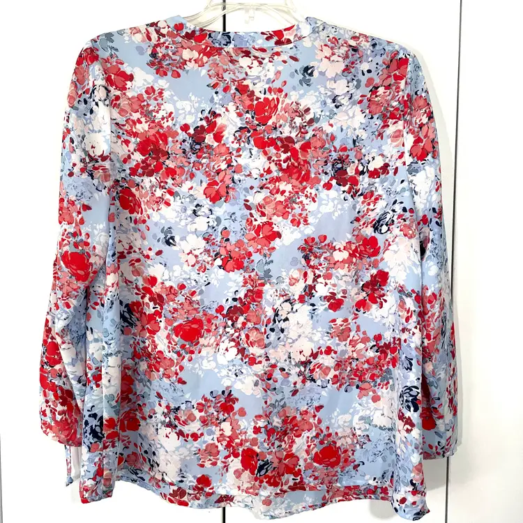 Zac & Rachel Petite Medium Blouse Floral Watercolor Peasant Boho Top Tie Sleeves