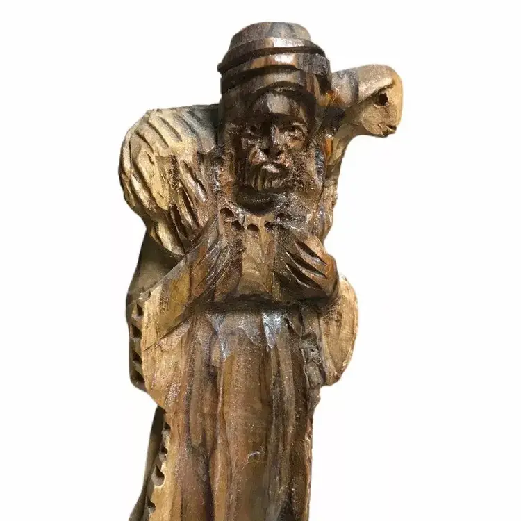 Vintage Hand Carved Wood Figurine Bethlehem Man Carrying Sheep Lamb Disciple