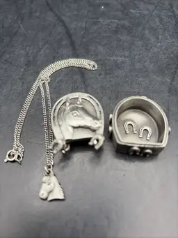 Ms Dee Pewter Horse Jewelry Set - 18” Necklace Earrings Brooch Pin Trinket Box