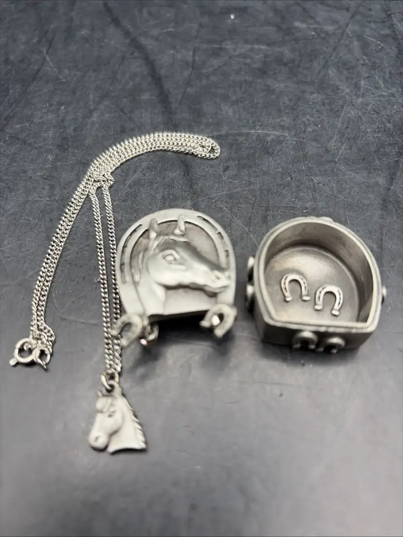 Ms Dee Pewter Horse Jewelry Set - 18” Necklace Earrings Brooch Pin Trinket Box