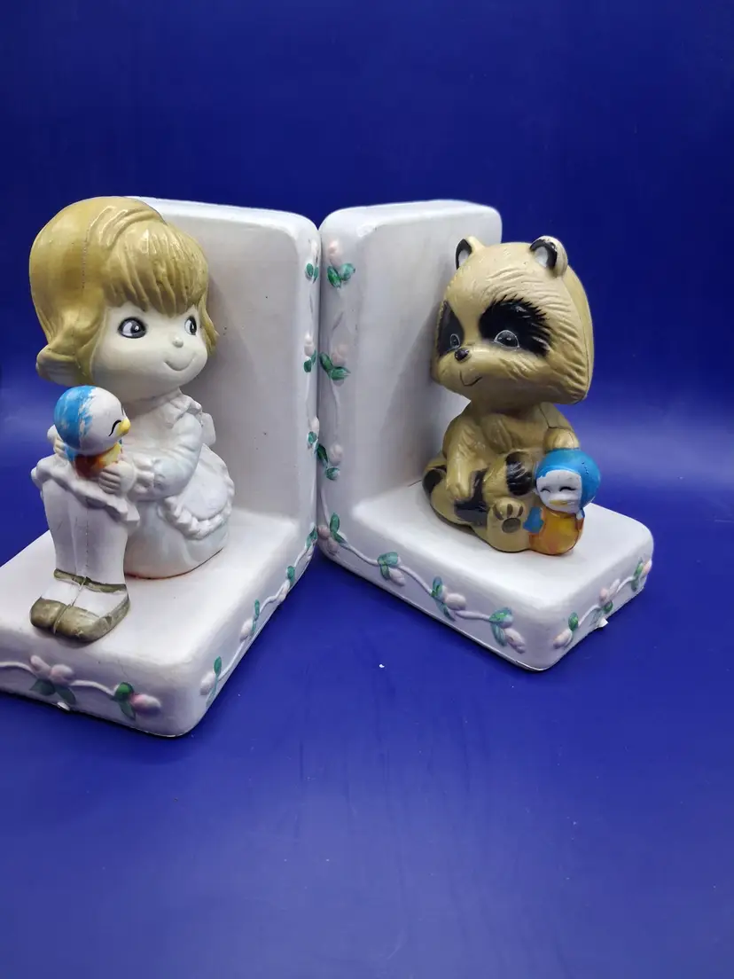 Kitschy Plastic Children's Bookends Girl and Raccoon Hong Kong
