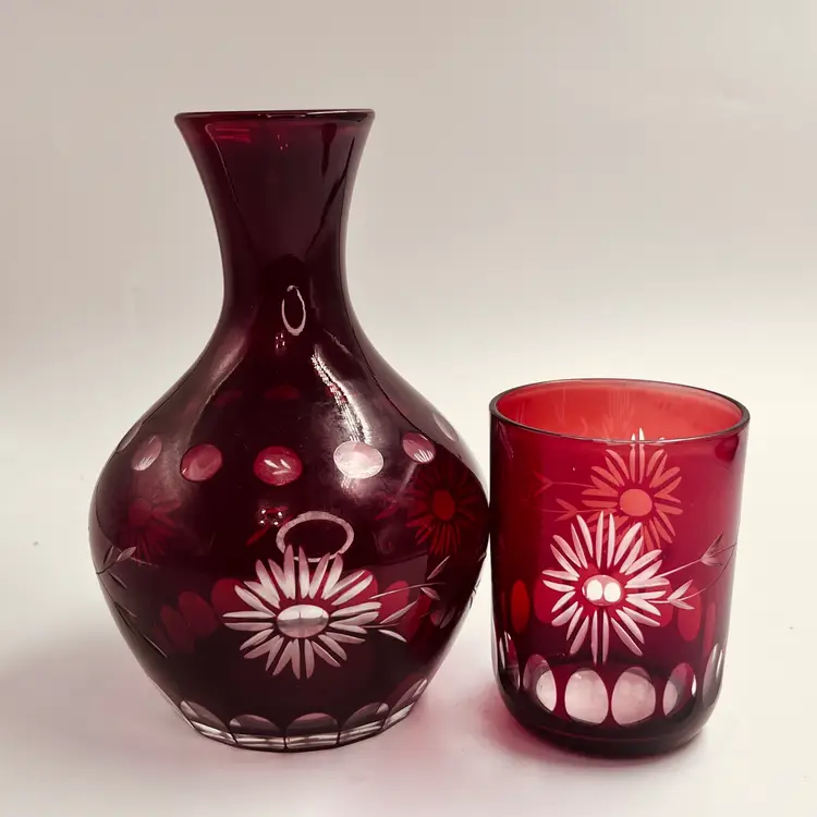 Vintage Bohemian Ruby Red Cut to Clear Glass Bedside Carafe and Tumbler Set - TumbleUp - Czech Floral Daisy Design, Cranberry Glass