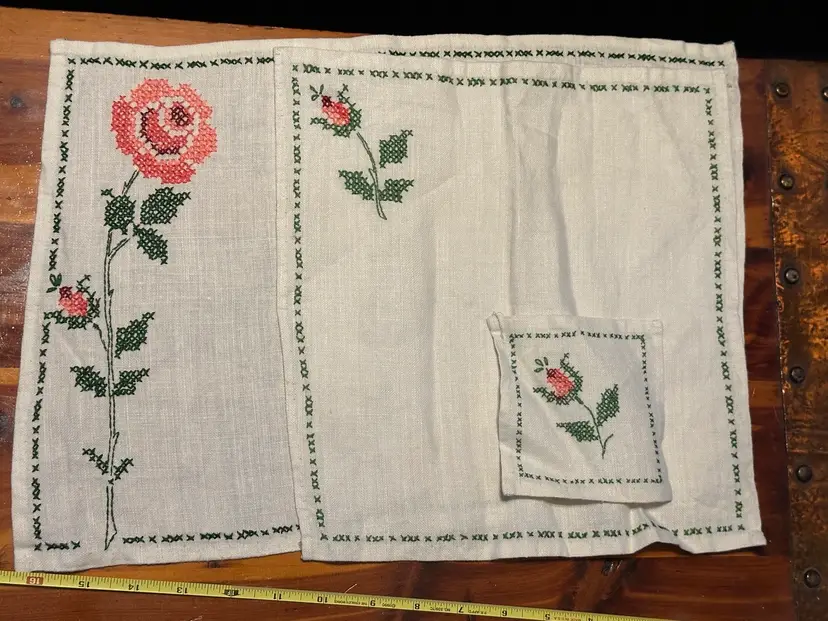 Vintage Rose  linen set, placemats,  napkins, coasters, embroidered linen