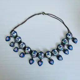 Vintage Persian Necklace Choker Blue Enamel Drops Scenic Birds Heart Dangle