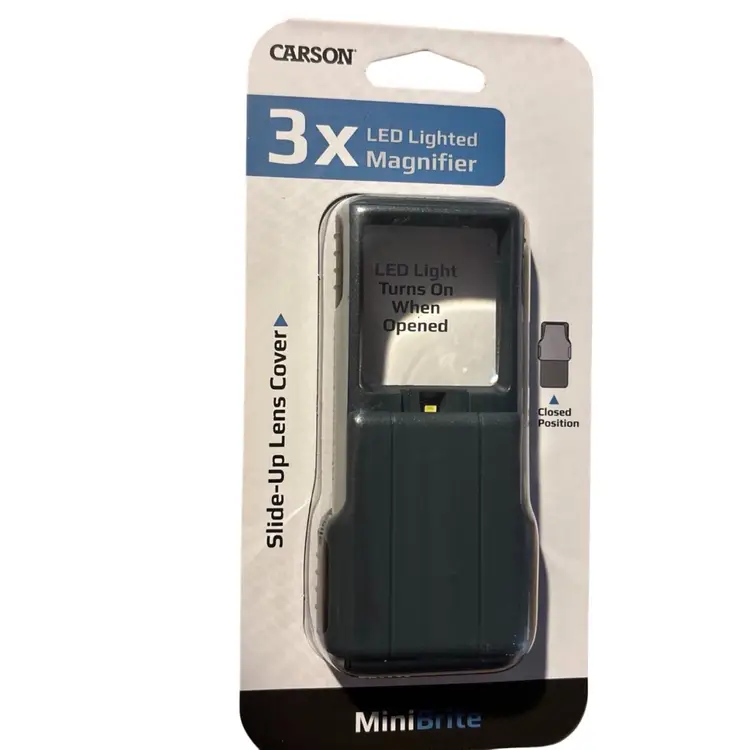 Carson MiniBrite 3x Magnifier Power LED Lighted protective Slide up lens cover