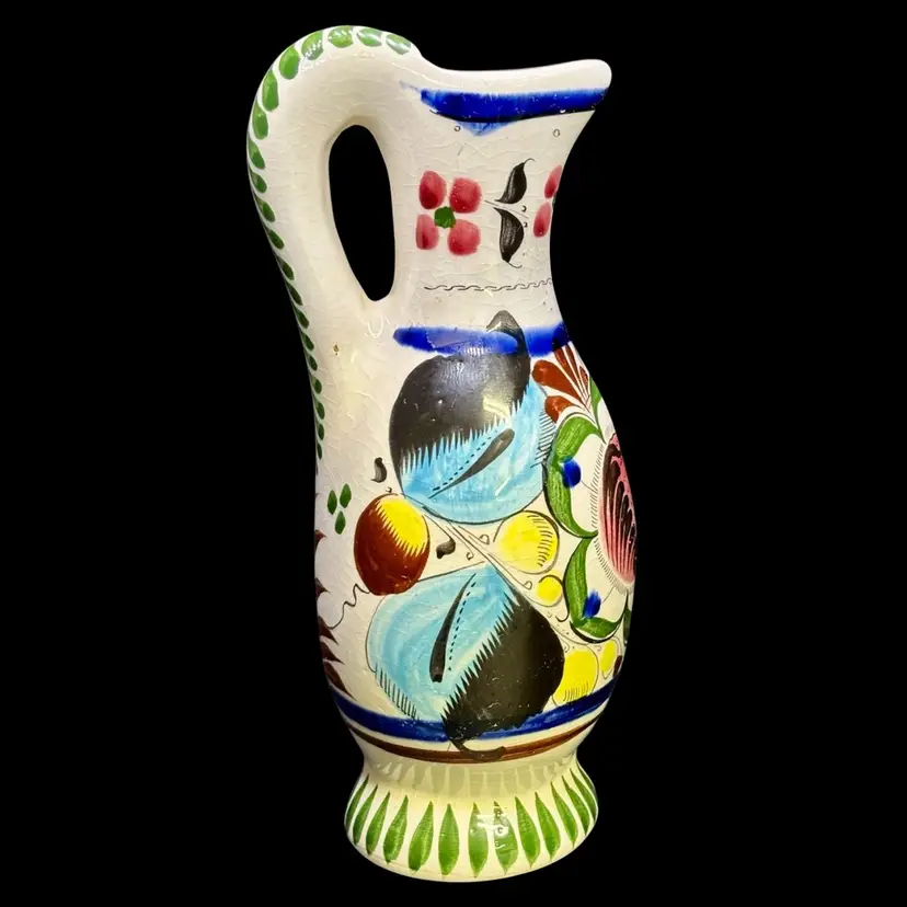 Tonala Mexican Folk Art Pitcher Jug with Flowers 8.5”