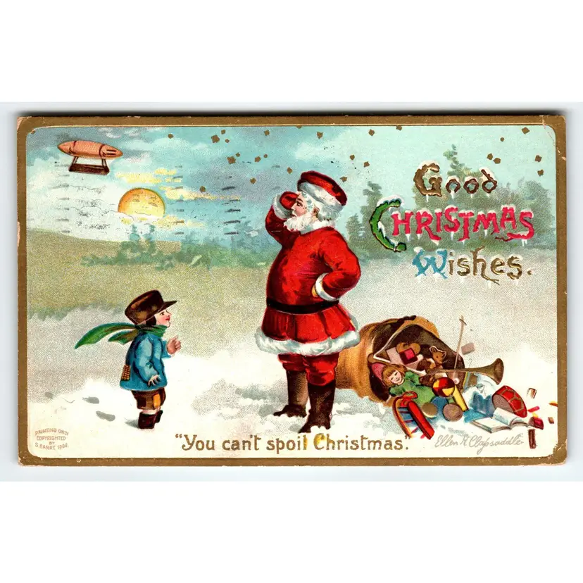 Santa Claus Christmas Postcard Ellen Clapsaddle Airship Blimp Sun With Face 1909