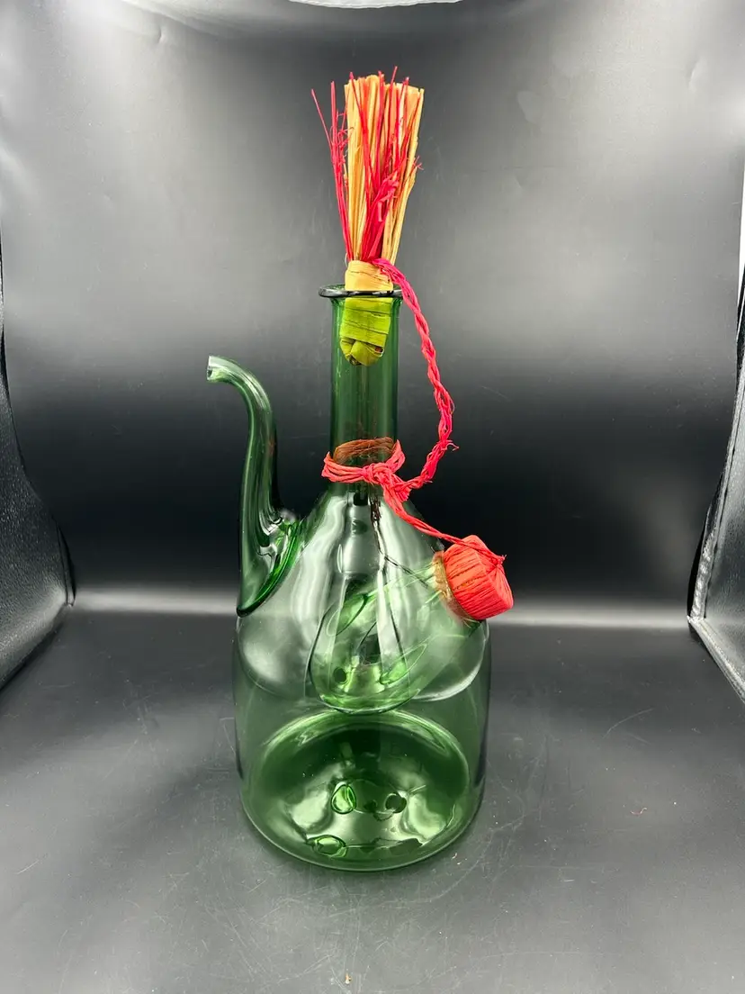 Vintage handblown, Italian green glass wine decanter with ice chamber and original straw corks