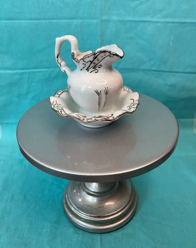 Vintage Porcelain Small White With Silver Accents Pitcher And Basin