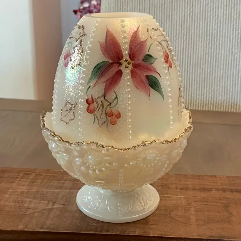 Fenton 1990’s 2-piece Ivory Beaded Floral Fairy Light HP By MJ Shaffer (1995-96) 5 3/4” X 4 1/2”