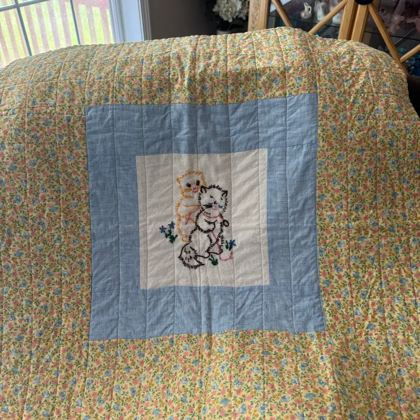 Vintage Baby Quilt With Embroidered Kitty, 30”x30”