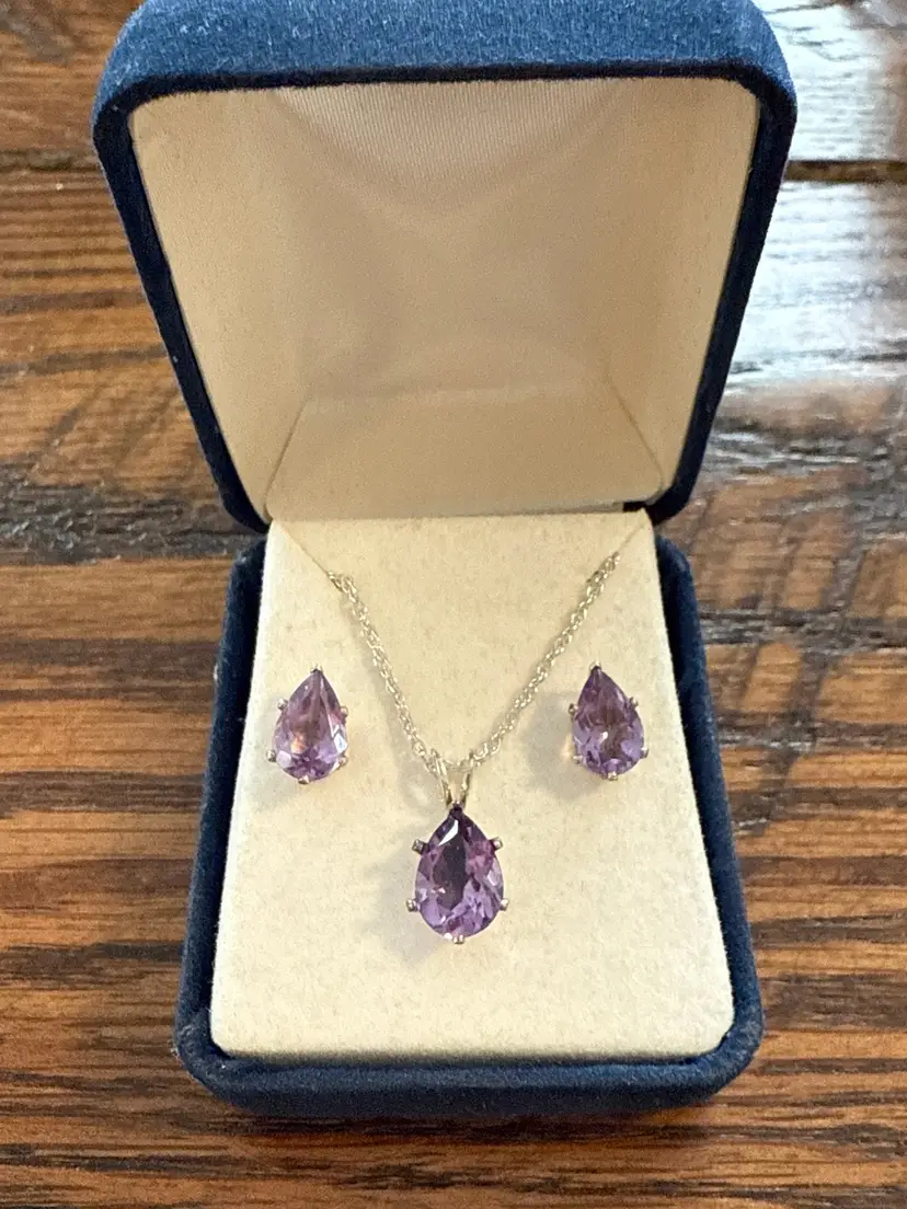 Amethyst Tear Drop Pendant and Earrings Set 925 Sterling Silver